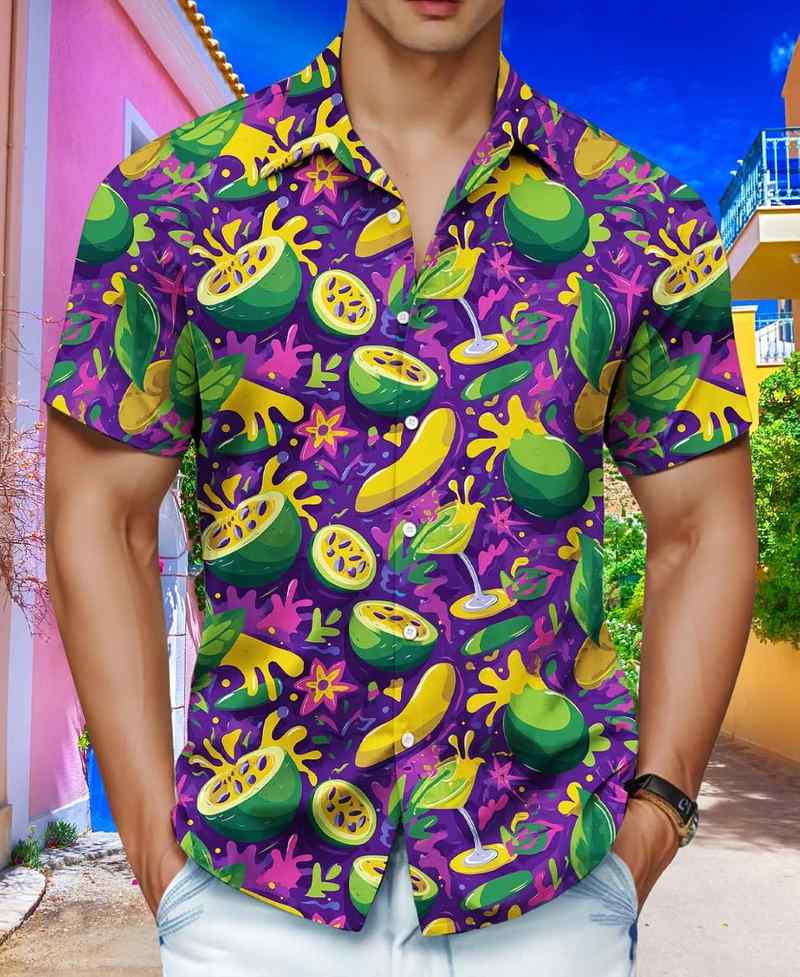 B0FBGRR13V_81KkdTbfpL-1 Men’s Coconut & Fruit Print Short Sleeve Hawaiian Button Down Shirt - Image 4