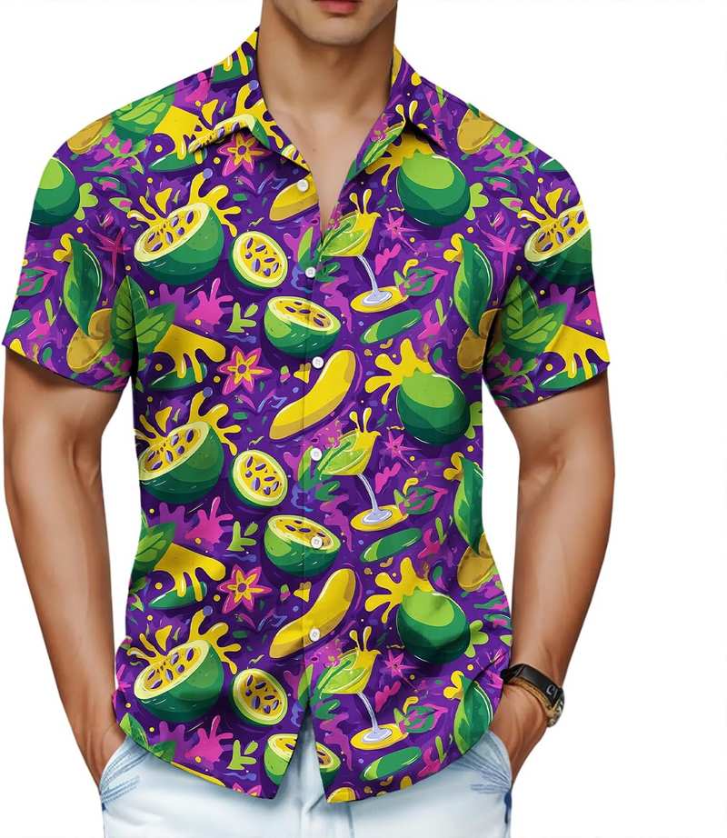 Home Men’s Coconut & Fruit Print Short Sleeve Hawaiian Button Down Shirt