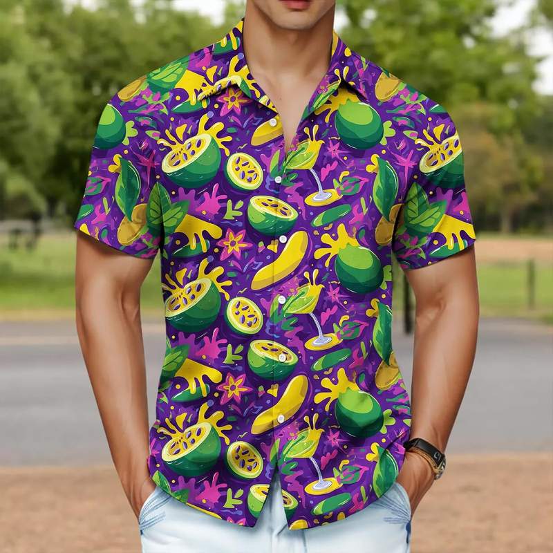 B0FBGRR13V_81Y5JhA-5mL-1 Men’s Coconut & Fruit Print Short Sleeve Hawaiian Button Down Shirt - Image 2