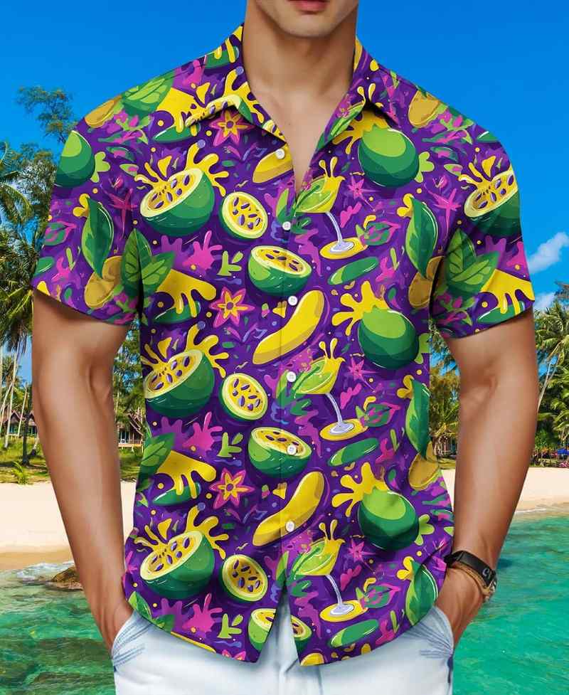 B0FBGRR13V_81rEu5kLxL-1 Men’s Coconut & Fruit Print Short Sleeve Hawaiian Button Down Shirt - Image 5
