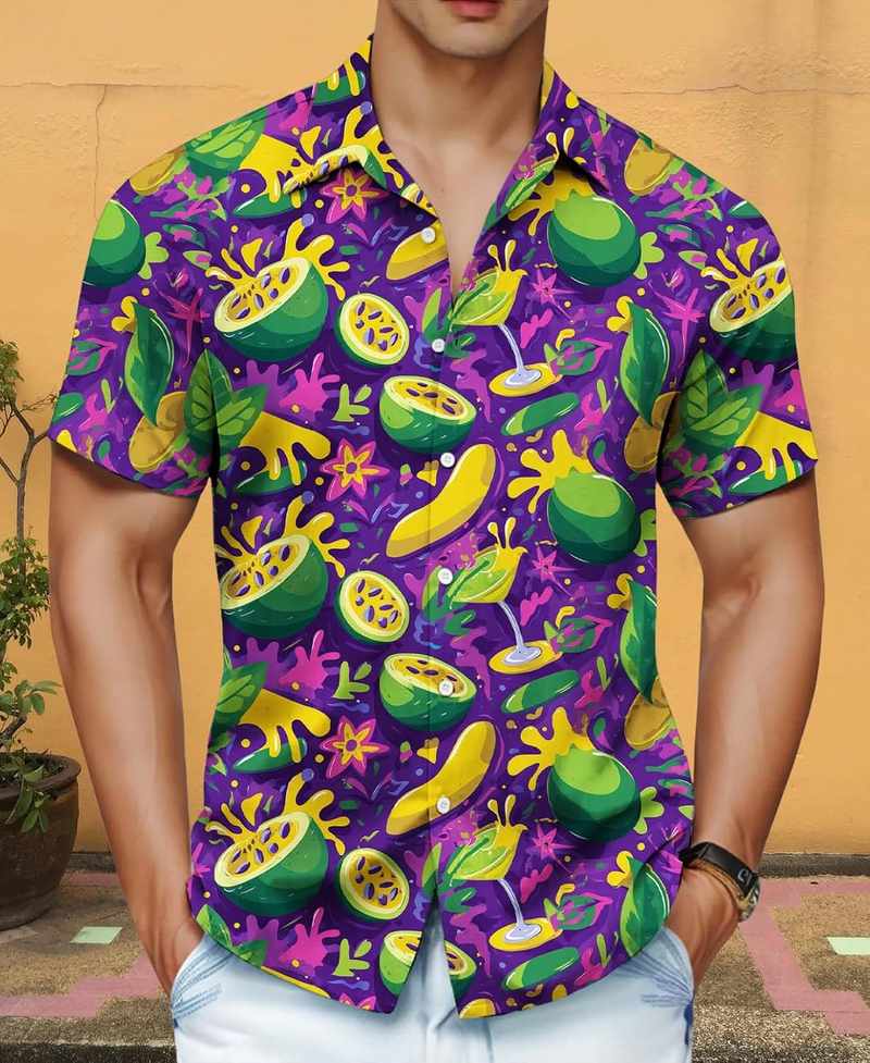 B0FBGRR13V_81vzvnEXL-1 Men’s Coconut & Fruit Print Short Sleeve Hawaiian Button Down Shirt - Image 3