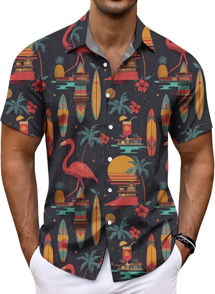 Home Men’s Tropical Print Short Sleeve Button Up Casual Shirt