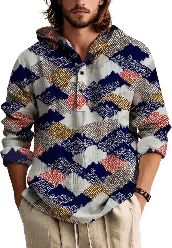 Home Men’s Long Sleeve Tropical Botanical Print Button Down Shirt