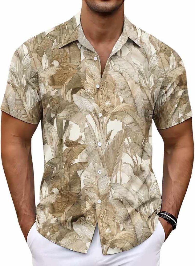 Home Men’s Short Sleeve Tropical Hawaiian Print Button Down Shirt